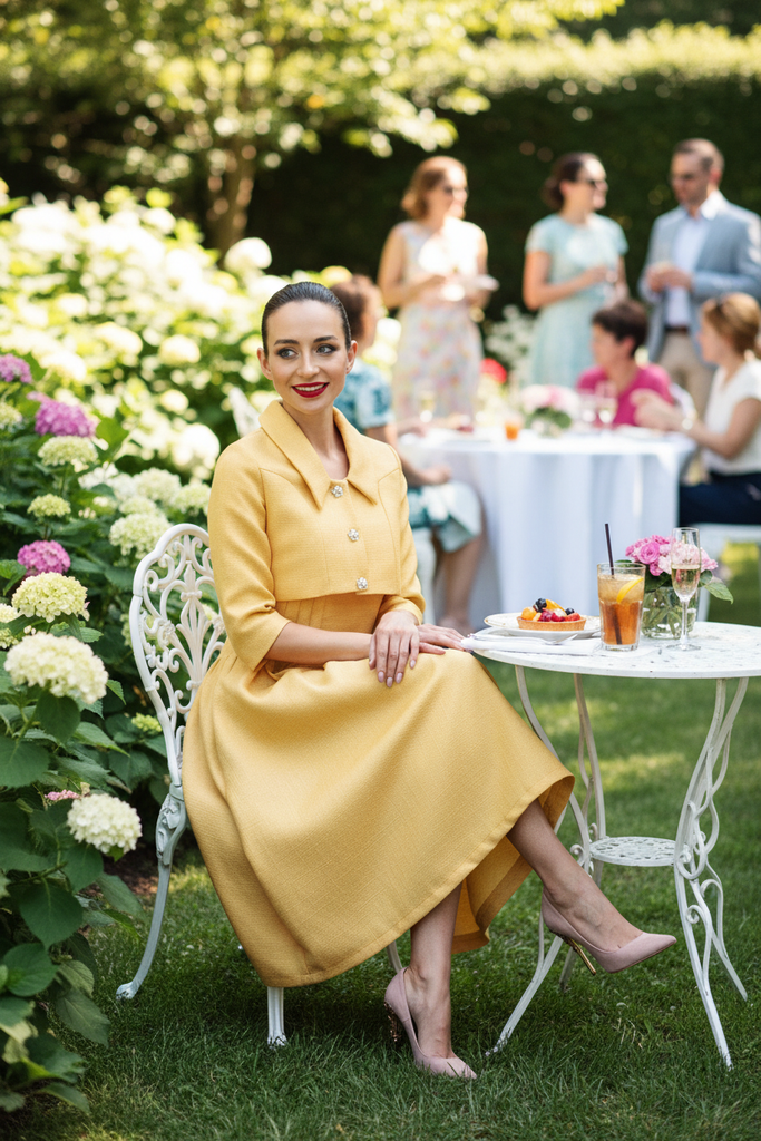Julia Yellow Two-Piece Set - upscale brunch garden party seated