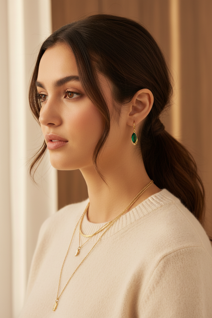 Sawyer emerald drop earrings styled with everyday chic outfit