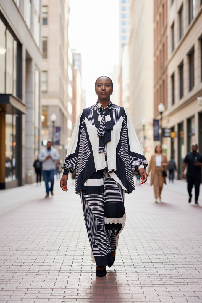 Sika Black & White Pant Suit - walking urban street setting