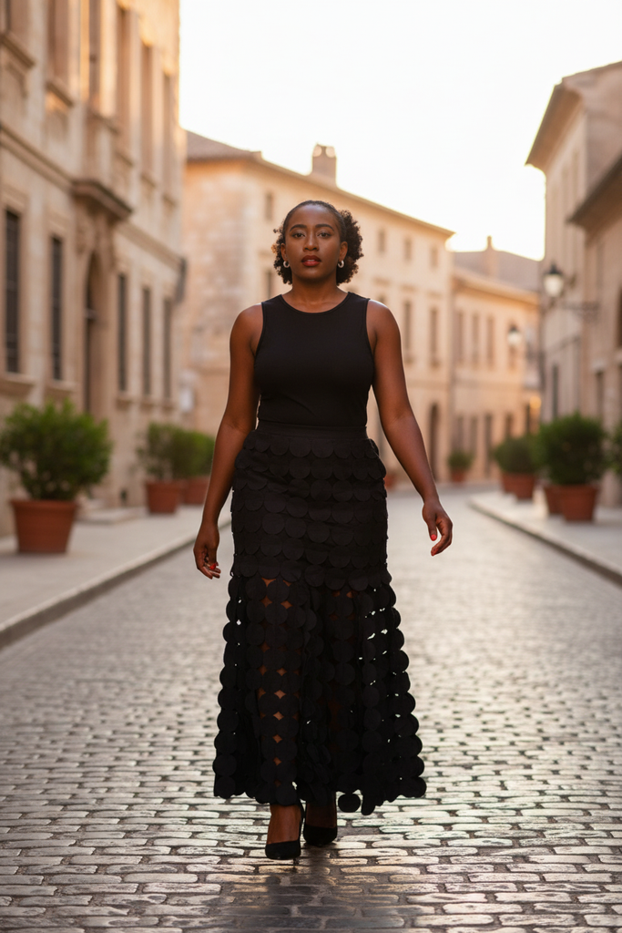 Afia Circle Motif Skirt - European cobblestone street golden hour