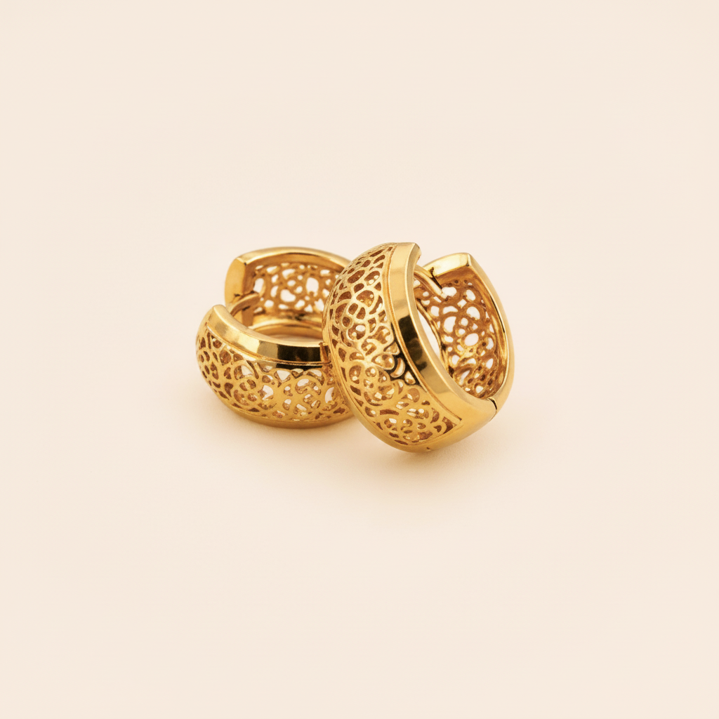 London mini gold filigree hoop earrings close-up detail shot