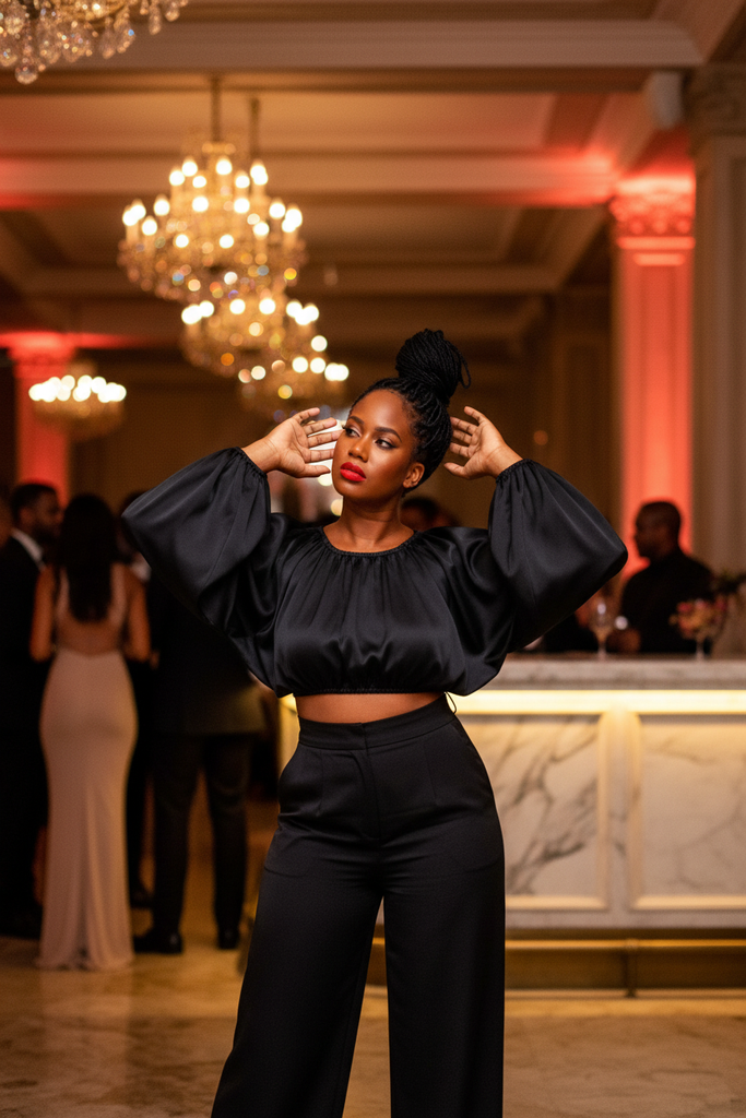 Juliette Sateen Crop Top - styled with wide-leg trousers evening event