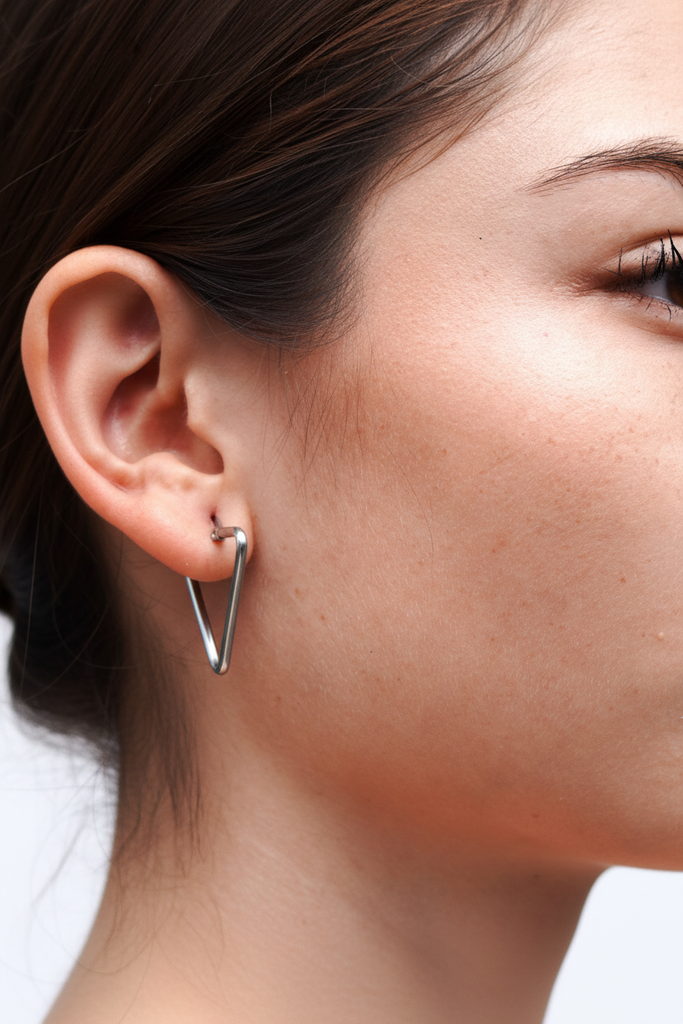 Billie silver triangle hoop earrings side profile showing full geometric shape