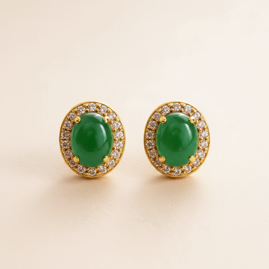 Belvedere Green Stud Earrings - oval green cabochon with gold and diamond halo