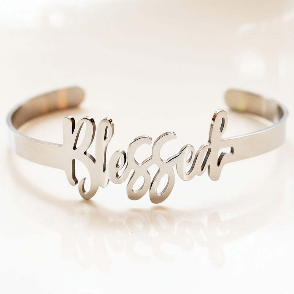 Blessed stainless steel script cuff bracelet close-up script detail