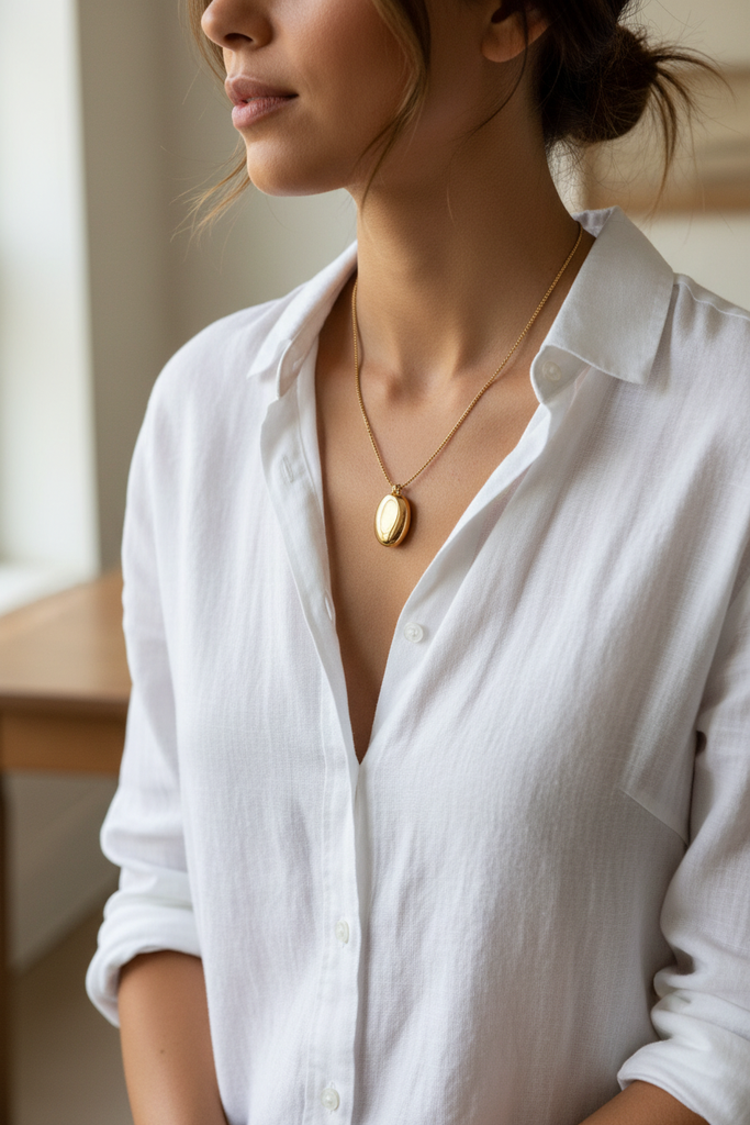 Njau Necklace - lifestyle white linen tee outfit
