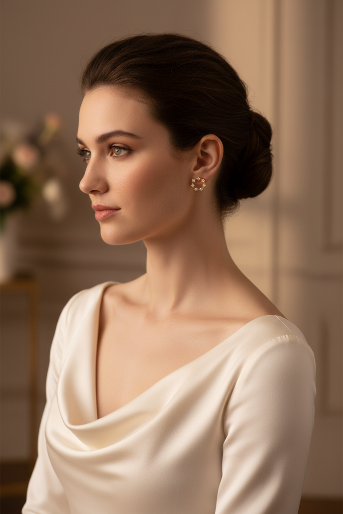 Savannah gold crystal stud earrings styled with bridal wedding guest outfit