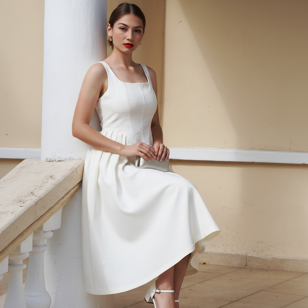 Ezra White Pleated Day Dress - flat lay white marble