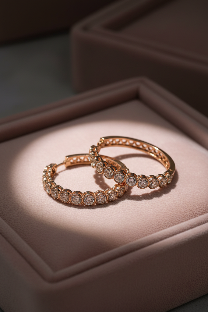 Madrid rose gold diamond hoop earrings on blush velvet jewelry tray