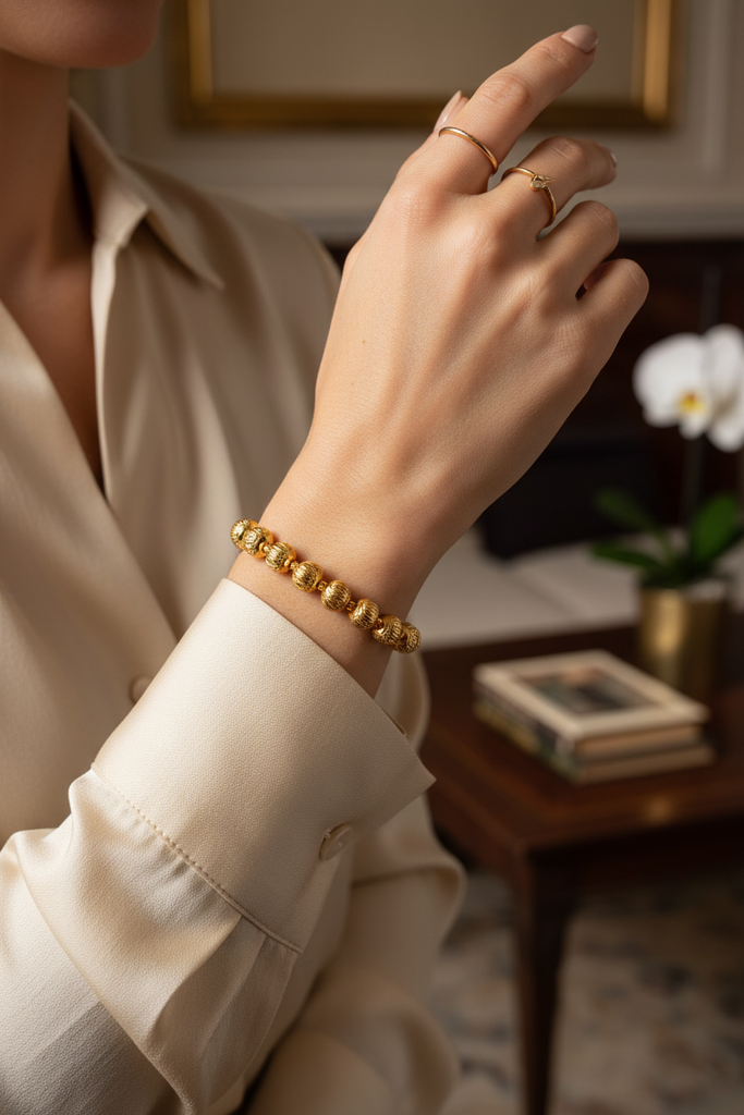 Eleanor gold diamond-cut ball bead bracelet everyday outfit styling