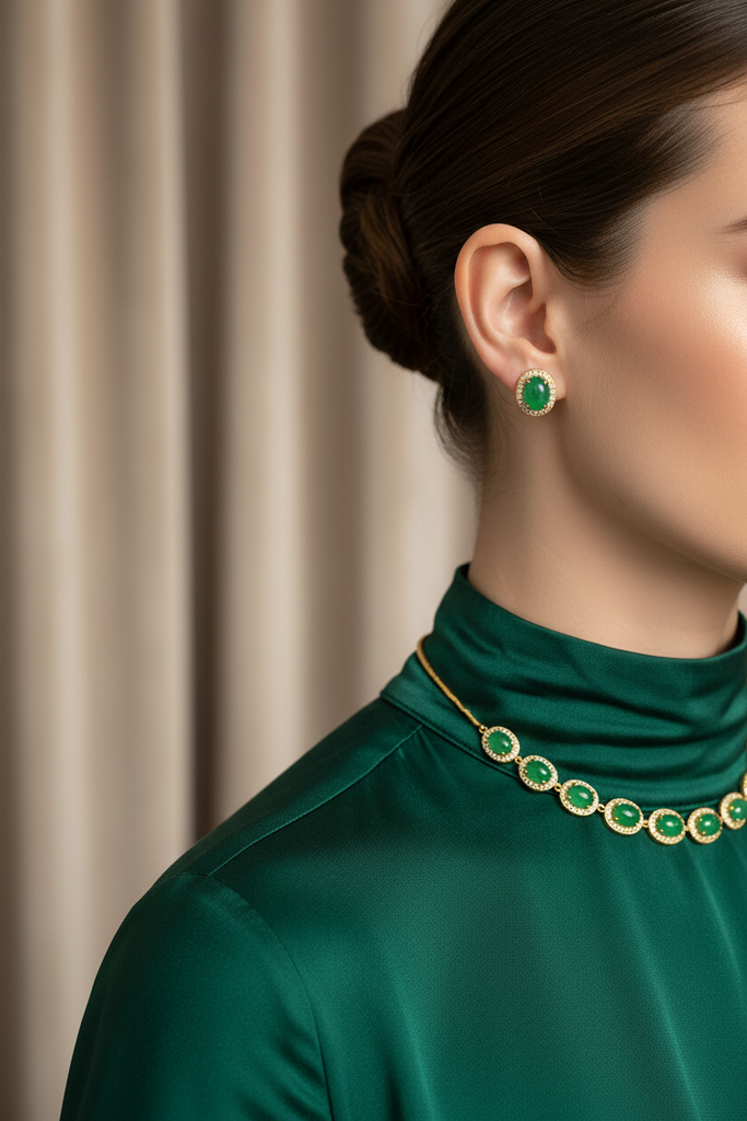 Belvedere Green Stud Earrings styled with elegant outfit