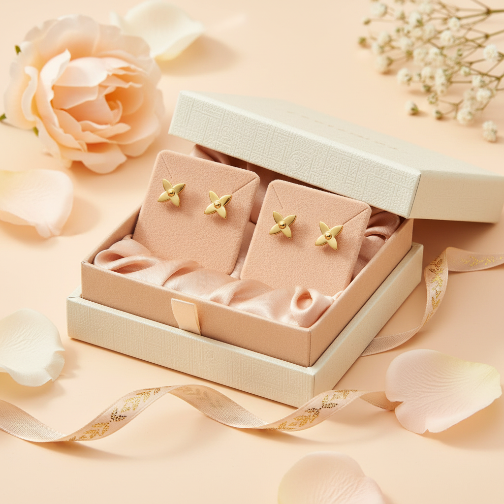 Oslo gold flower stud earrings gift-ready display on peach background