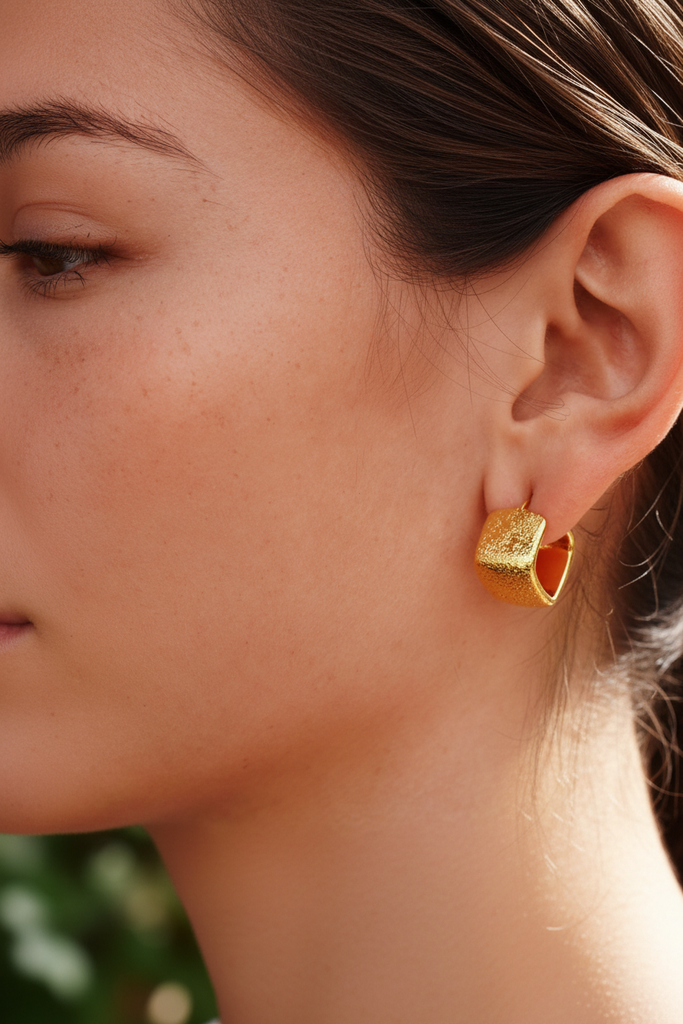 Luca gold textured box hoop earrings on-ear Italian summer lifestyle shot