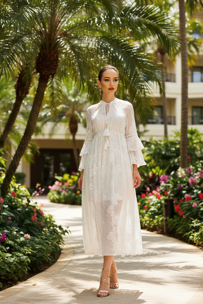 Josette Resort Dress - lush tropical garden resort grounds walking