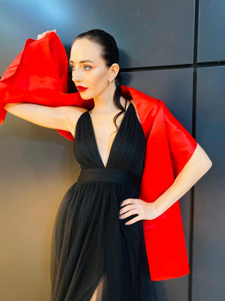 The “Eliana” Red Sateen Shawl - Danielle Emon