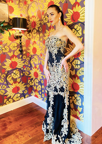slim fit dress slacks The Sadie Strapless Black & Gold Gown