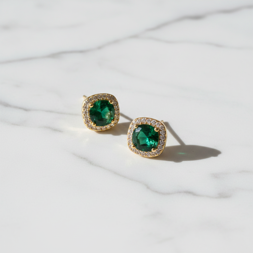 Estelle Stud Earrings flat lay on white marble