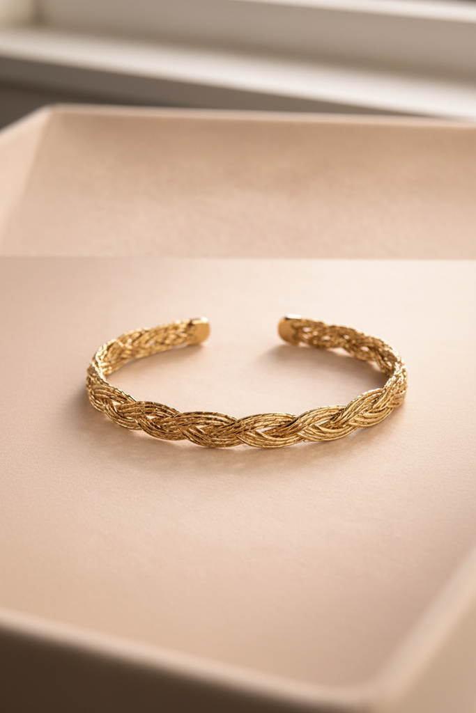 Dayo twist gold braided cuff bracelet cream velvet tray display