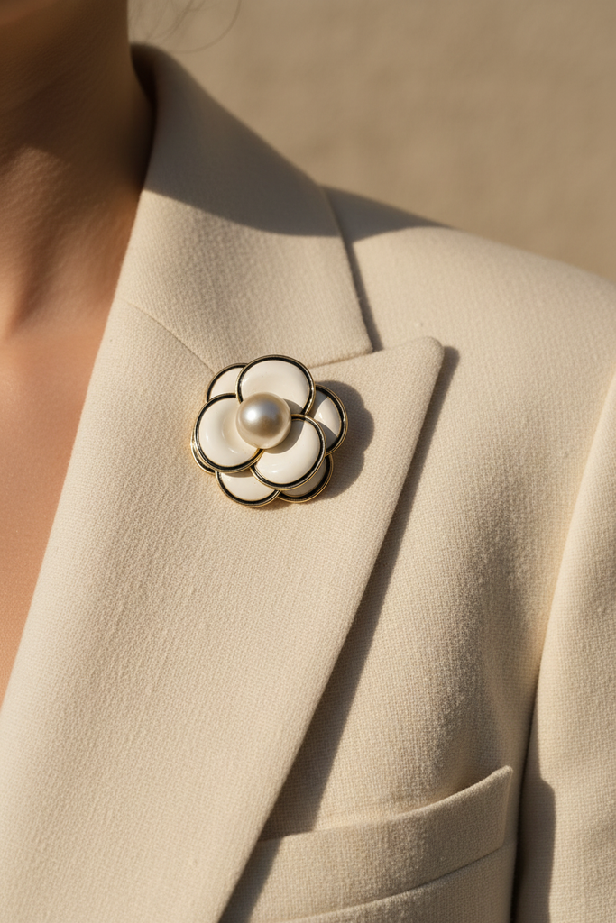 Ivory petal pearl bloom brooch pinned on cream blazer lapel
