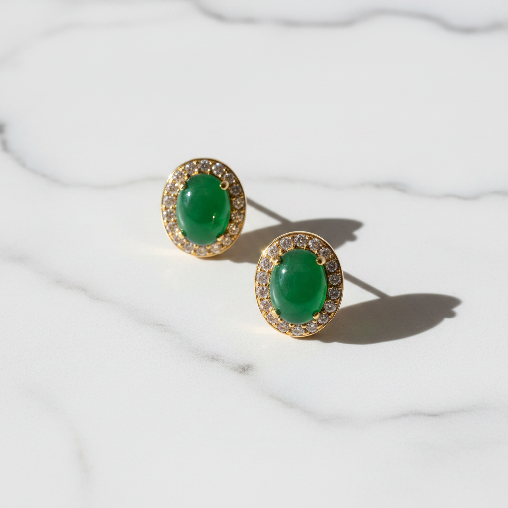 Belvedere Green Stud Earrings flat lay on white marble