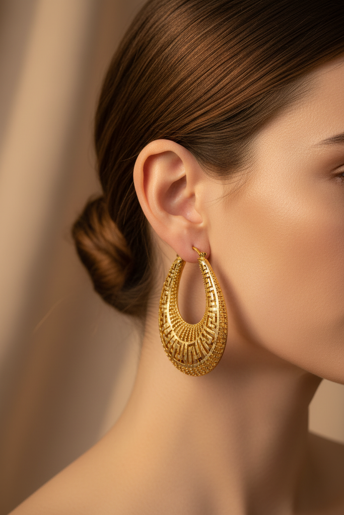 Delores Filigree Hoop Earrings worn on ear, lifestyle shot