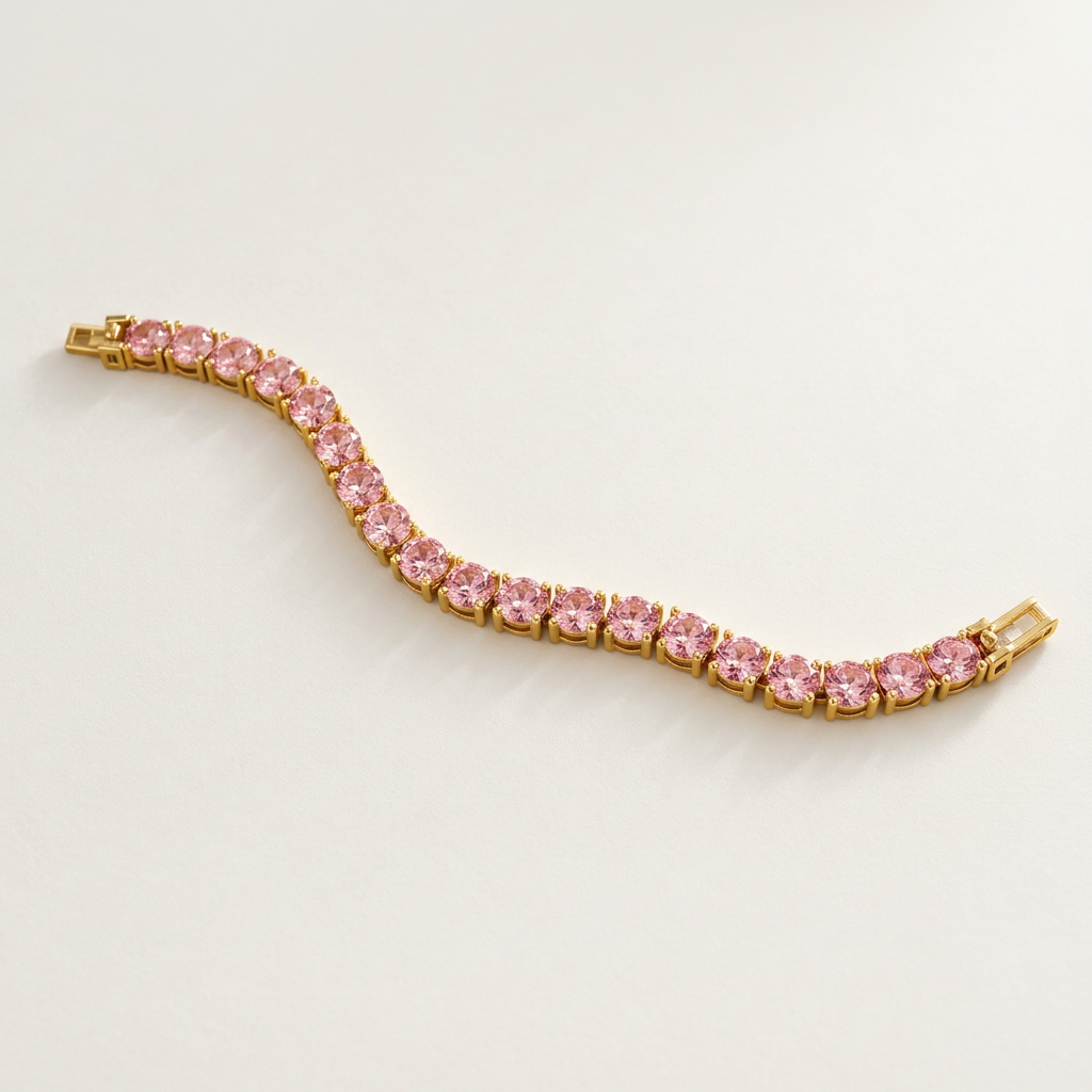 Juliette pink stone tennis bracelet on an ivory background