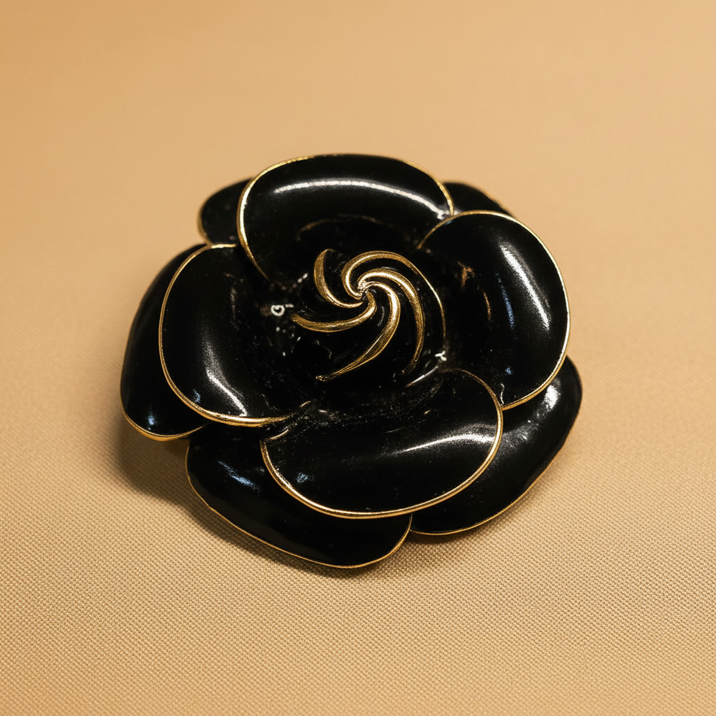 Black enamel rose brooch close-up glossy petals and gold swirl center detail