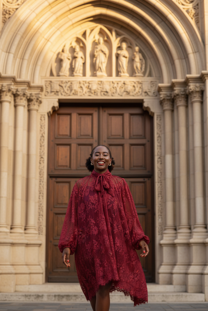 Kossi Lace Oversized Dress burgundy - grand church entrance