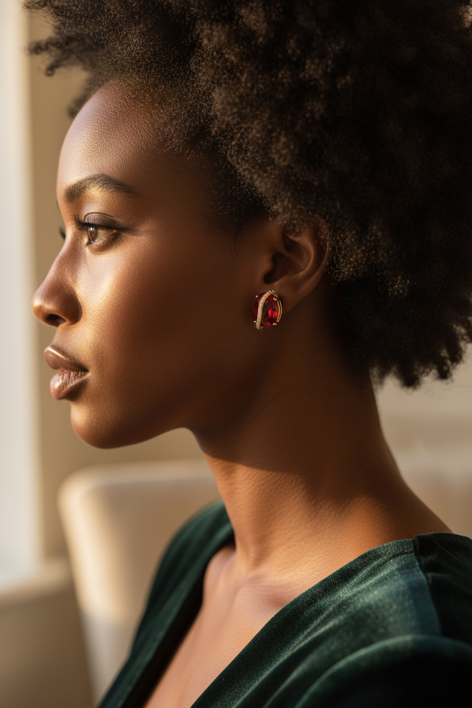 Arlette ruby red stud earrings on-ear lifestyle editorial shot