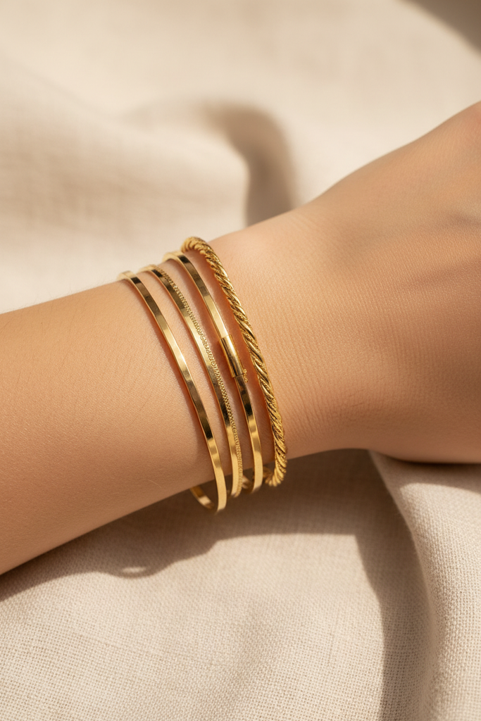Langley slim closed gold twisted rope bangle stacked bangle styling