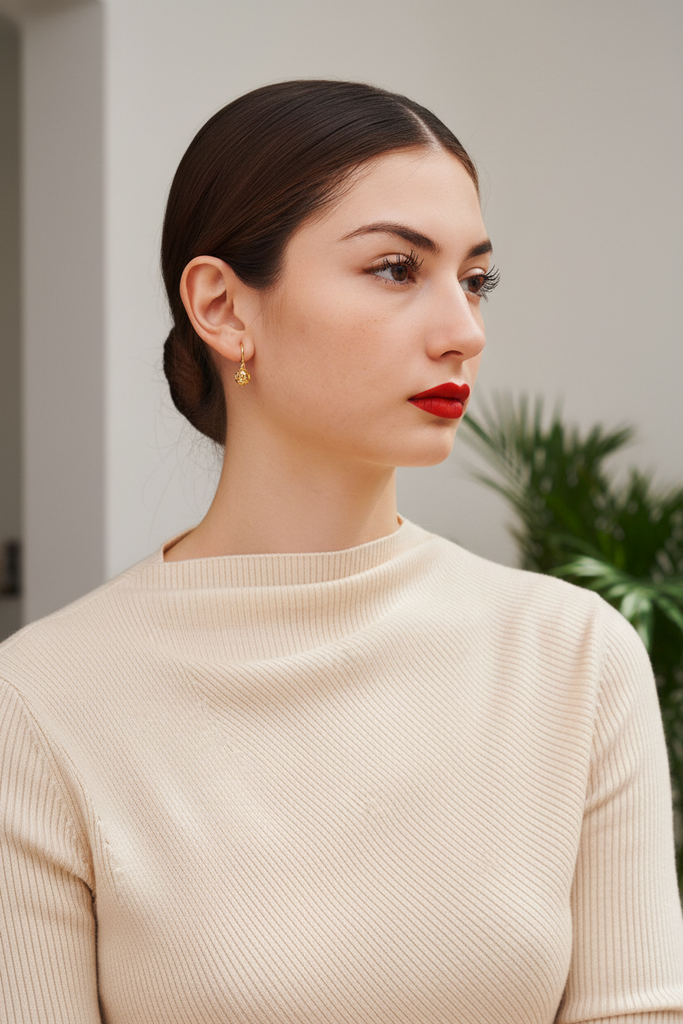 Maddox gold filigree ball drop earrings styled with everyday chic outfit