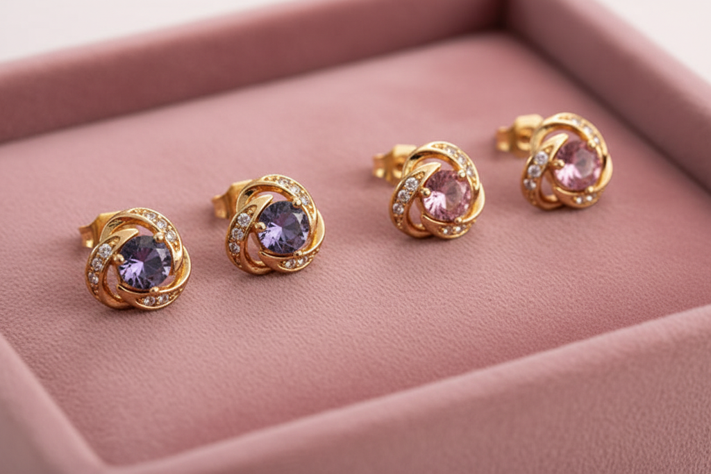 Langlet stud earrings in purple and pink both color variants on velvet tray