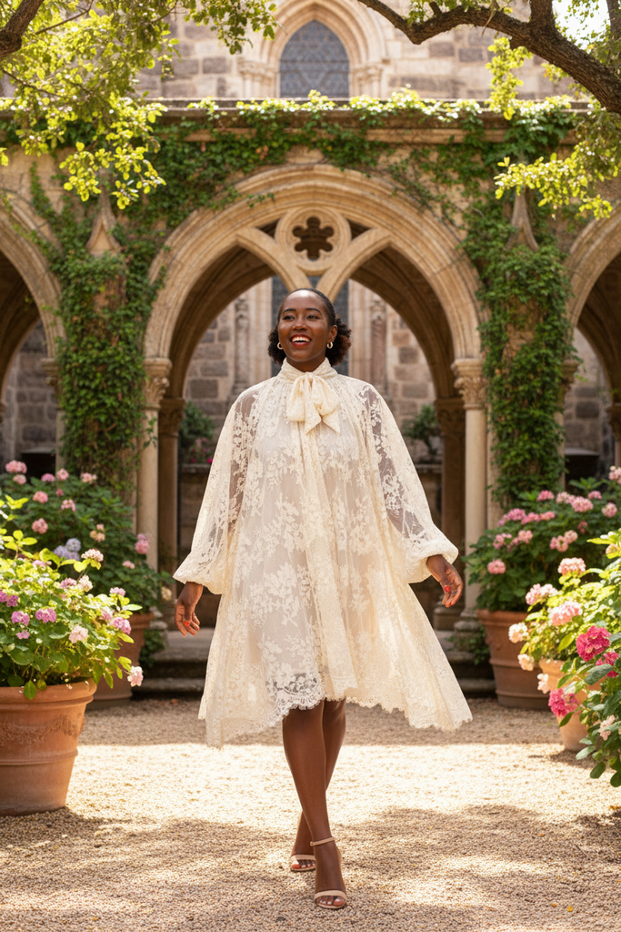 Kossi Lace Oversized Dress creme - European courtyard church garden walking