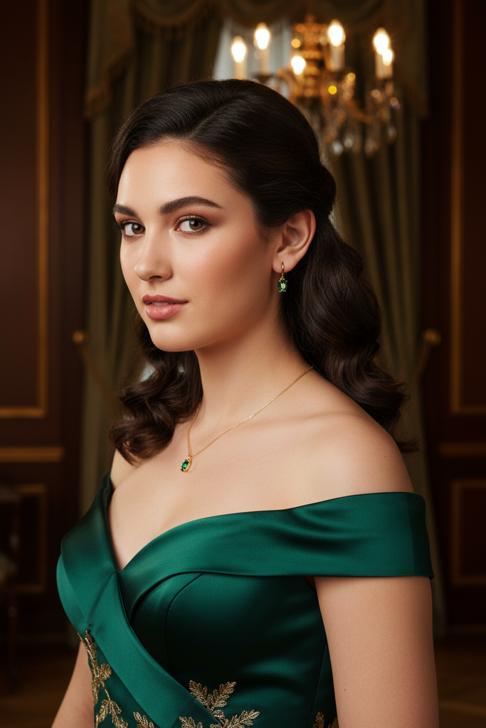 London emerald and rose drop earrings styled with elegant evening outfit