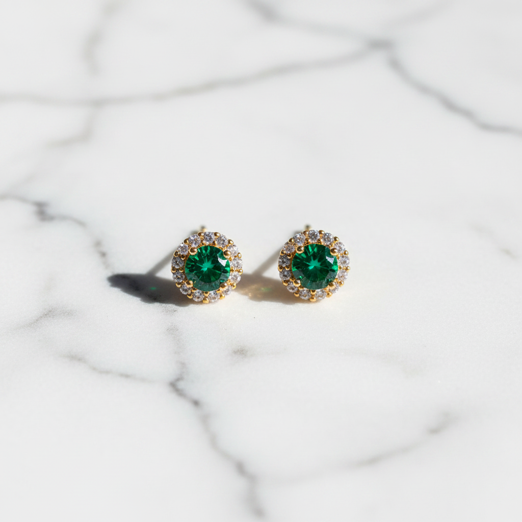Élan emerald halo stud earrings flat lay on white marble