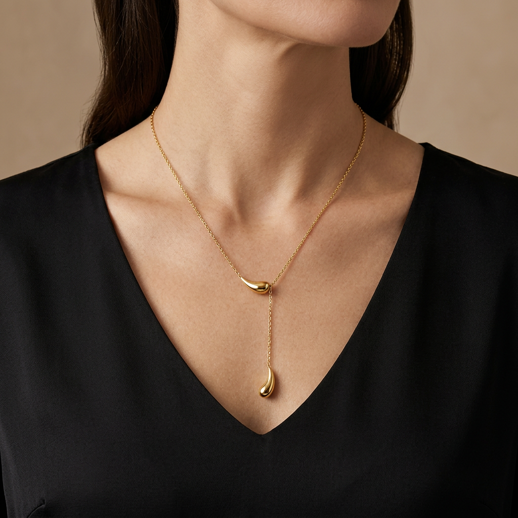 Matteo lariat necklace worn with a black V-neck top