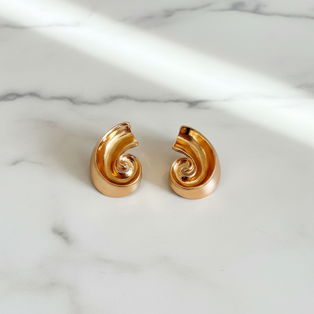 Kilgory gold swirl statement earrings flat lay on white marble