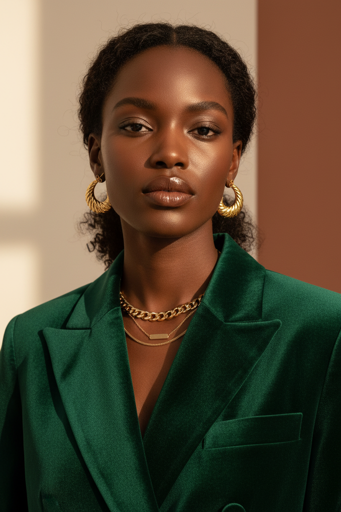 Genet gold ribbed shrimp hoop earrings front portrait lifestyle shot