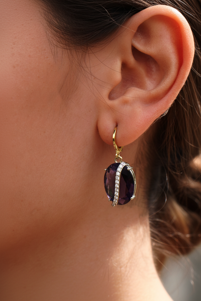 Dakota purple stone drop earrings with lab diamond accent on-ear lifestyle shot