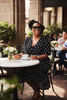 Dayla Polka Dot Day Dress - outdoor brunch cafe seated with coffee