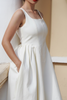 Ezra White Pleated Day Dress - close-up square neckline darting pleat detail