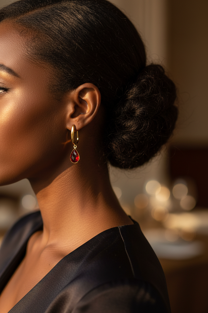 Amelia ruby red stone drop earrings on-ear lifestyle editorial shot
