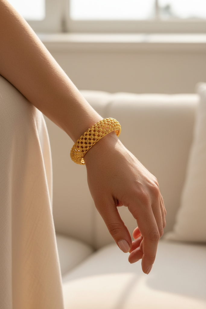 Alessia gold filigree lattice bangle bracelet on-wrist lifestyle