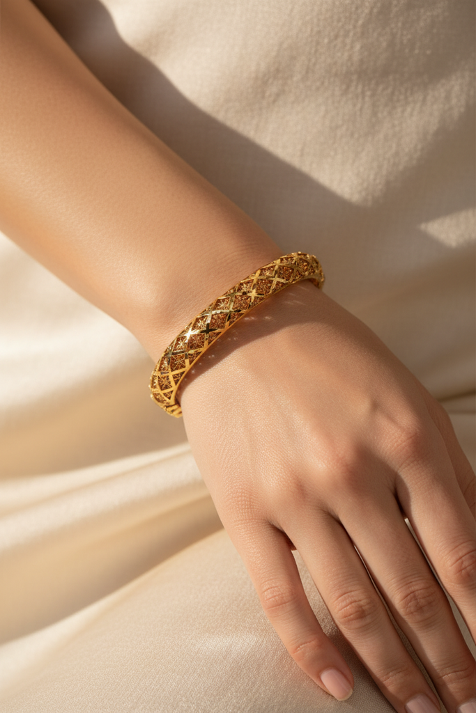 Riviera gold floral filigree bangle on-wrist single wear