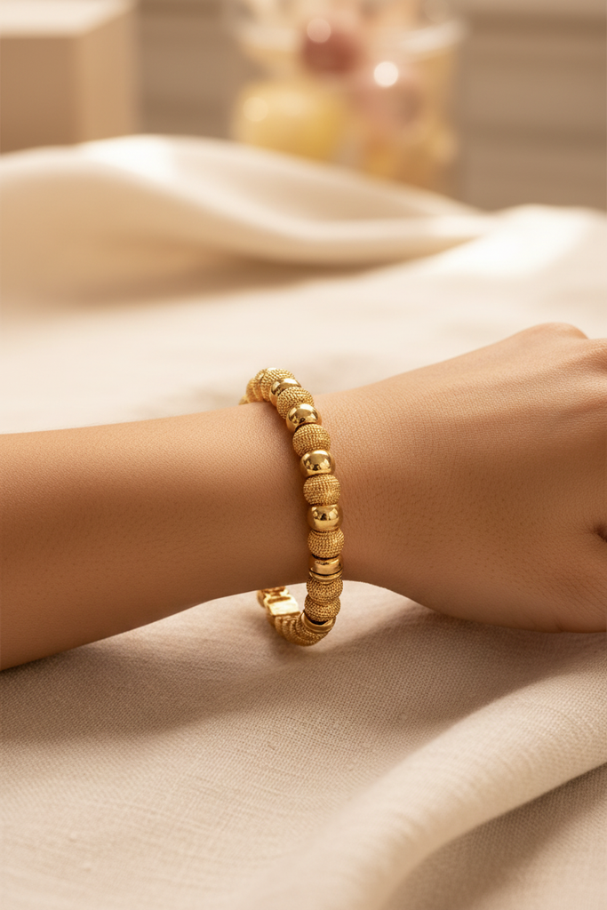 Ronasn gold beaded bangle bracelet on-wrist single wear