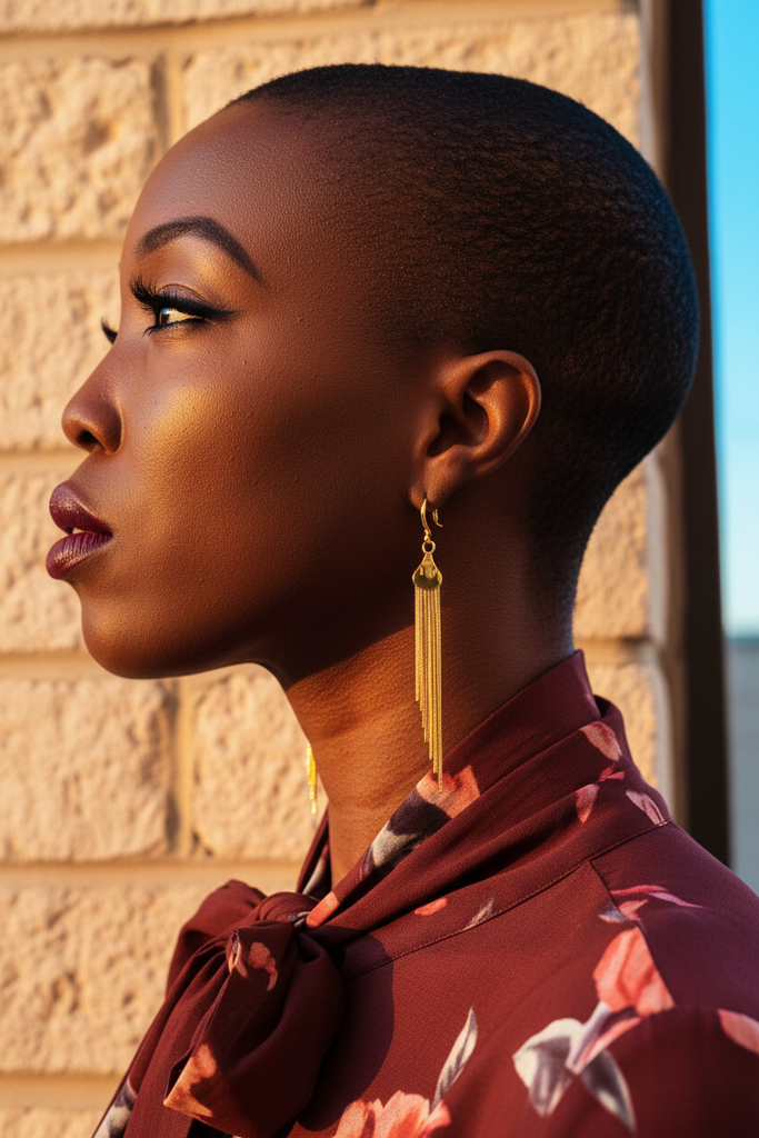 Georgie gold fringe tassel earrings side profile on-ear lifestyle shot