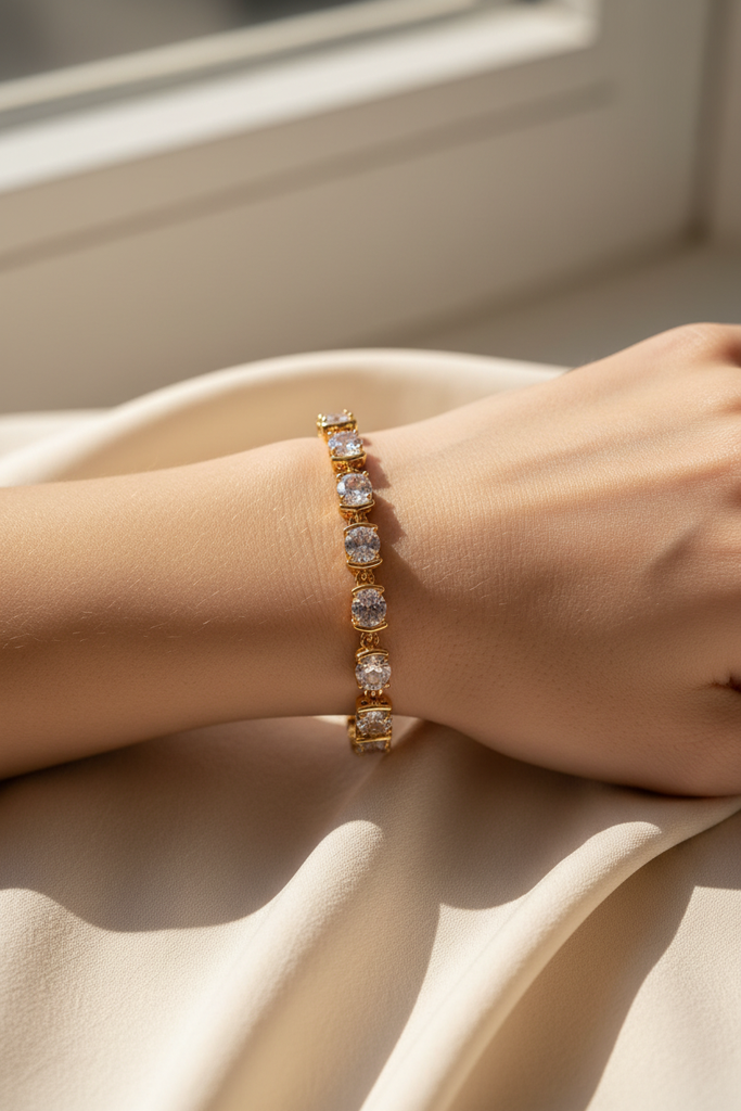 Winthrop tennis bracelet gold and white stones on-wrist single wear