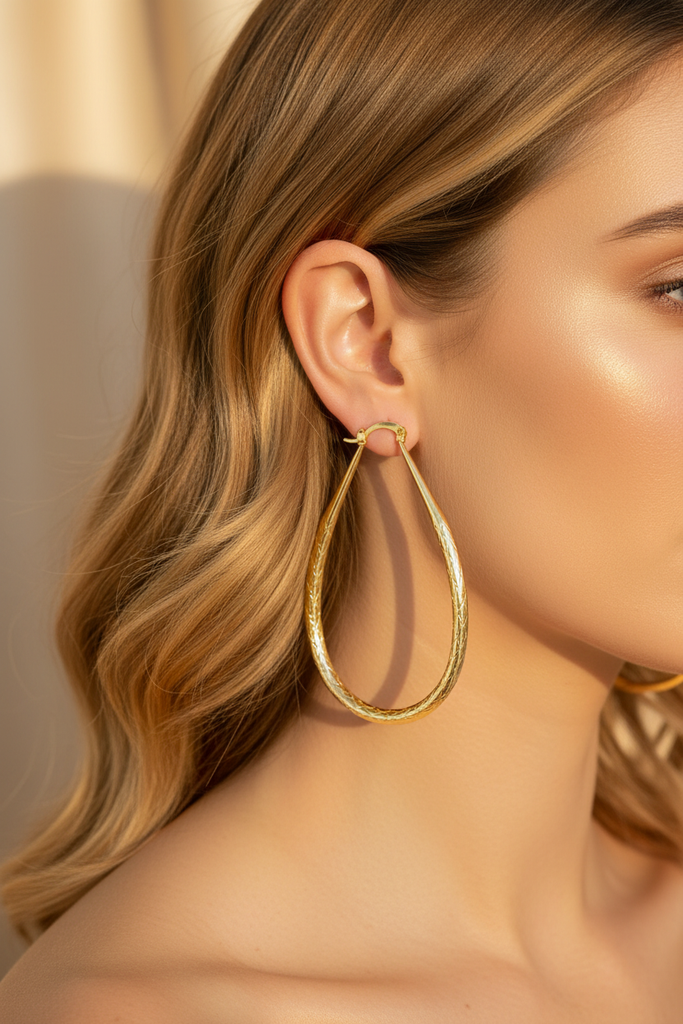 Bobbie gold oval hoop earrings on-ear lifestyle shot