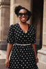 Dayla Polka Dot Day Dress - close-up V-neckline belt detail