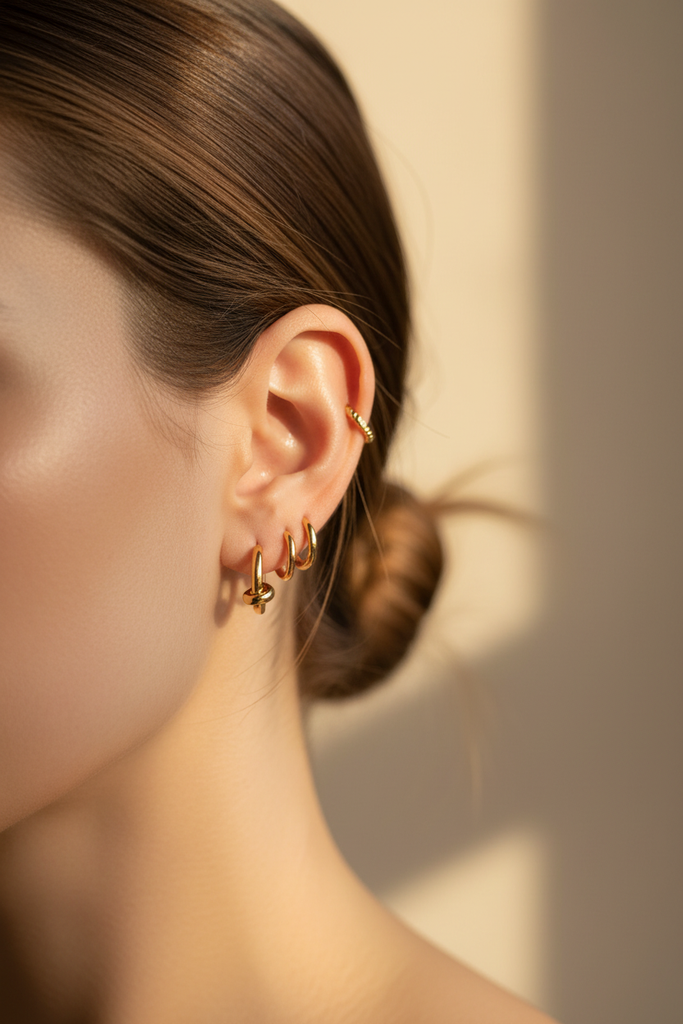 Fionn gold knot hoop earrings styled in ear stack